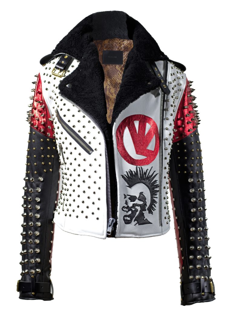 White Black And Red Studded Patches Leather Jacket