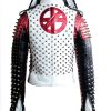 White Black And Red Studded Patches Leather Jacket