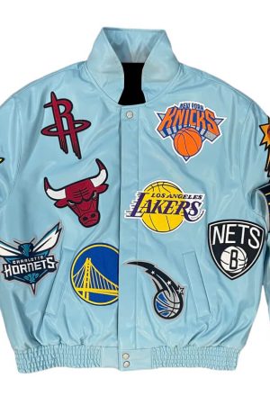 Light Blue NBA Team Collage Jeff Hamilton Leather Jacket