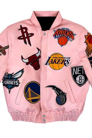 Light Pink NBA Team Collage Jeff Hamilton Leather Jacket