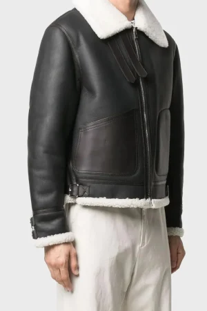 Black Genuine Leather Men’s White Shearling Collar Jacket