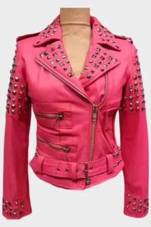 Womens Pink Biker Golden Studded Jacket