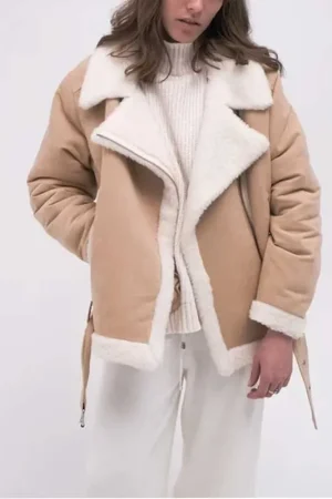 Women’s Sheepskin Aviator Beige Shearling Jacket