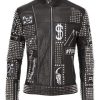 Black Full Studded Embroidery Patches Leather jacket