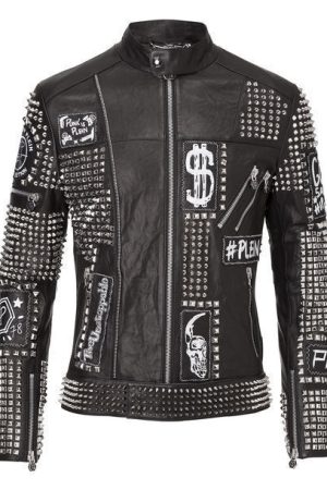 Black Full Studded Embroidery Patches Leather jacket