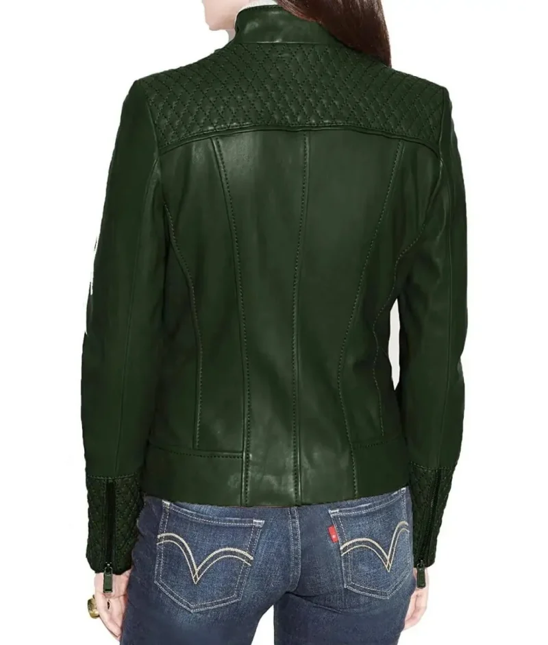 Women’s Dark Green Quilted Biker Leather Jacket