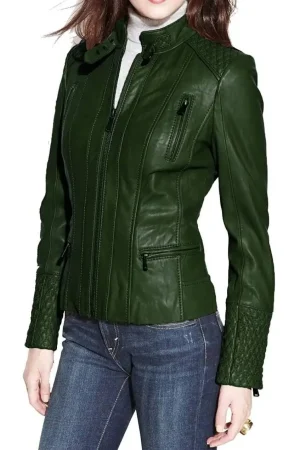 Women’s Dark Green Quilted Biker Leather Jacket