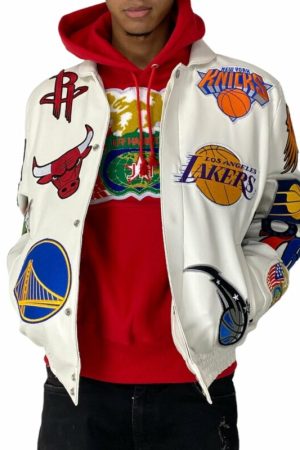 White NBA Team Collage Jeff Hamilton Leather Jacket