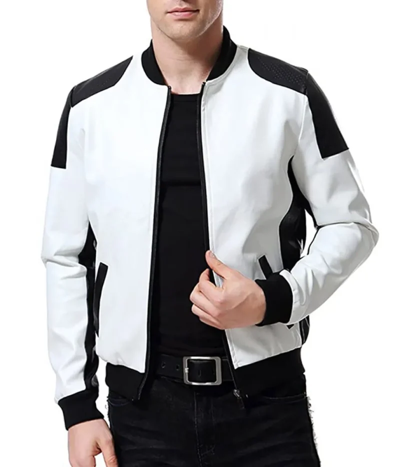 Men’s Black and White Leather Biker Bomber Jacket