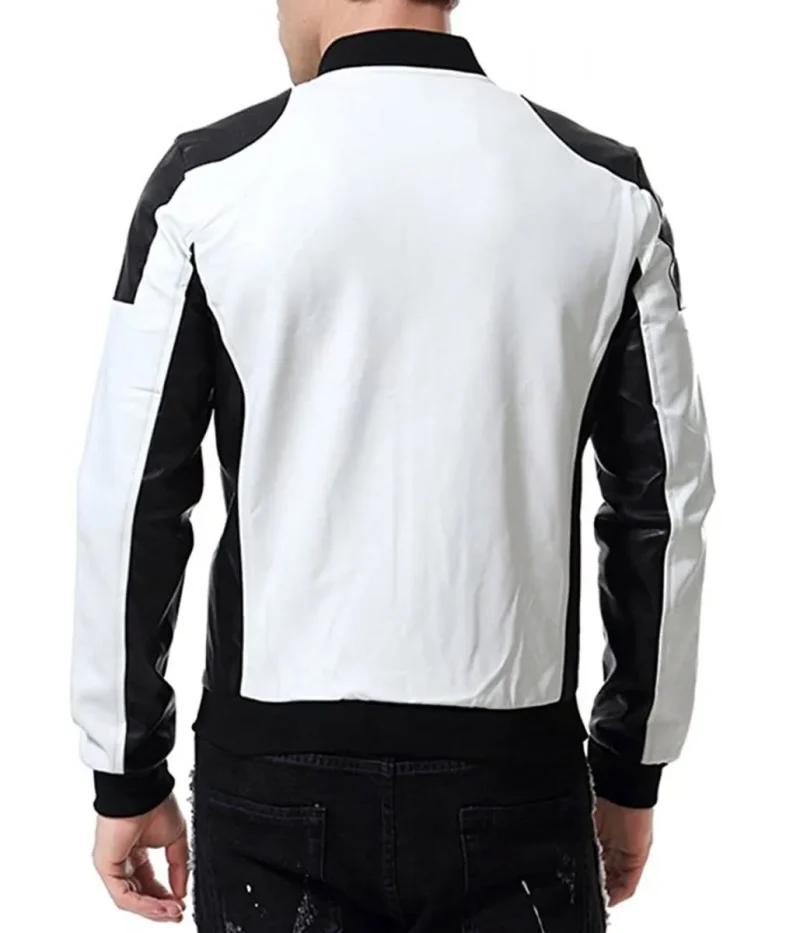Men’s Black and White Leather Biker Bomber Jacket
