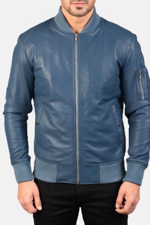 Bomia Ma-1 Blue Leather Bomber Jacket