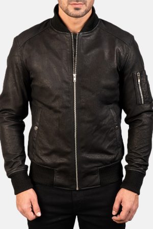 Bomia Ma-1 Distressed Black Leather Bomber Jacket