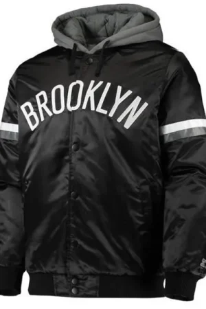 Brooklyn Nets Black Satin Jacket with Gray Hood