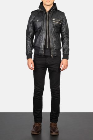 Bravado Black Hooded Leather Bomber Jacket