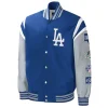Product Specification: Material: Satin Internal: Viscose Lining Color: Royal Blue and Gray Front: Snap-tab Buttoned Closure Collar: Rib-knitted collar Sleeves: Long Sleeves Hemline: Rib-knitted Cuffs: Rib-knitted Cuffs Pockets: Two waist pockets outside and inside pockets Stitching: Fine Logo: Los Angeles Dodgers graphics on the front, sleeves and back