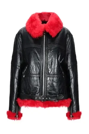 Women Red Faux Fur Aviator Jacket