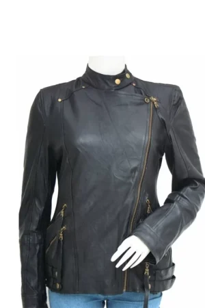 Women’s Golden Zipper Motorcycle Leather Jacket
