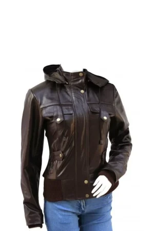 Women’s Brown Hooded Leather Bomber Jacket