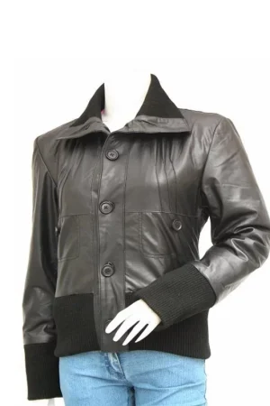 Women’s Fancy Leather Black Bomber Jacket