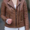 Womens Boda Style Quilted Leather Biker Jacket Brown