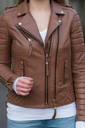 Womens Boda Style Quilted Leather Biker Jacket Brown