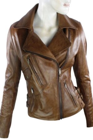 Womens Brando Style Leather Motorcycle Jacket Brown