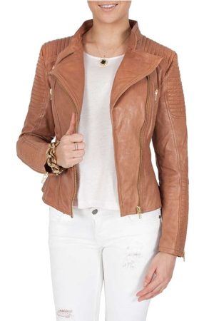 Womens Quilted Leather Jacket Tan Brown Golden Hardware
