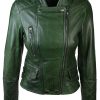 Womens Slim Fit Diamond Quilted Leather Biker Jacket Green