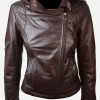 Womens Slim Fit Leather Jacket With Hood Chocolate Brown