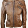 Womens Slim Fit Vintage Punk Leather Biker Jacket Brown