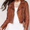Womens Slim Fit Waxed Leather Jacket Tan Brown