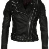 Womens Waxed Sheepskin Leather Biker Jacket Black