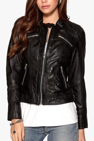 Womens Fashion Designer Leather Biker Jacket Black
