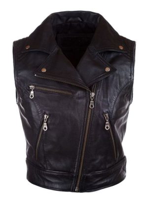 Womens Fashion Designer Leather Motorcycle Vest Black