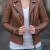 Womens Boda Style Quilted Leather Biker Jacket Brown