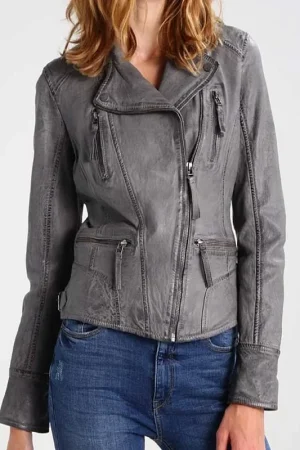 Womens Grey Biker Leather Jacket