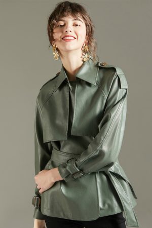 Women’s Olive Green Leather Moto Biker Jacket