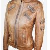 Womens Slim Fit Vintage Punk Leather Biker Jacket Brown