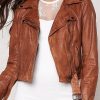 Womens Slim Fit Waxed Leather Jacket Tan Brown