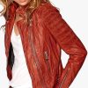 Womens Slim Fit Waxed Leather Jacket Tan Brown Orange