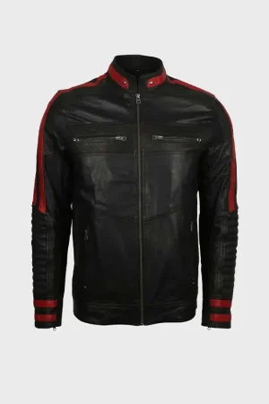 Mens Cafe Racer Red & Black Leather Jacket