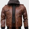 Mens Brown Hooded Bomber Leather Jacket