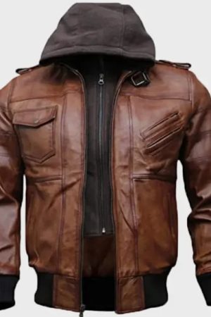 Mens Brown Hooded Bomber Leather Jacket
