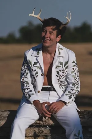 Saltburn 2023 Barry Keoghan Leaf Embroidery White Jacket