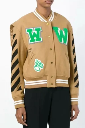 Off White Black Striped Brown Varsity Jacket