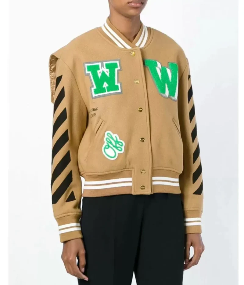 Off White Black Striped Brown Varsity Jacket