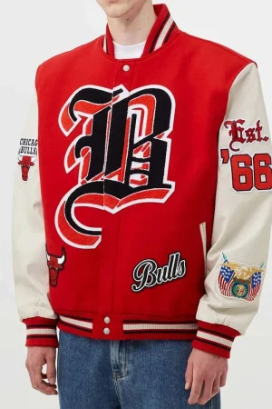 Chicago Bulls Red Wool and White Leather Varsity Letterman Jacket