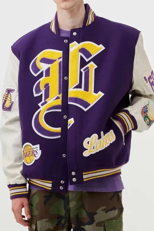 LA Lakers Letterman Purple Wool and White Leather Jacket