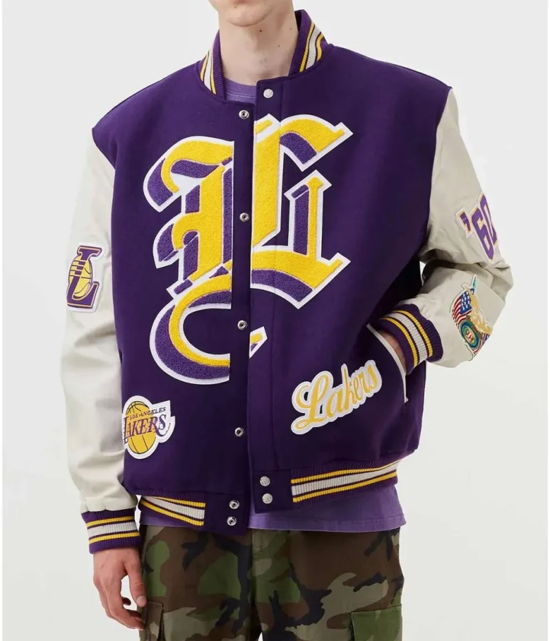 LA Lakers Letterman Purple Wool and White Leather Jacket