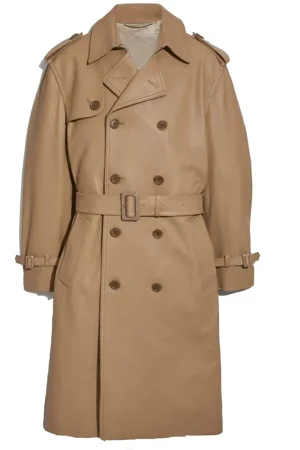 Men’s Double Breasted Light Brown Belted Leather Coat